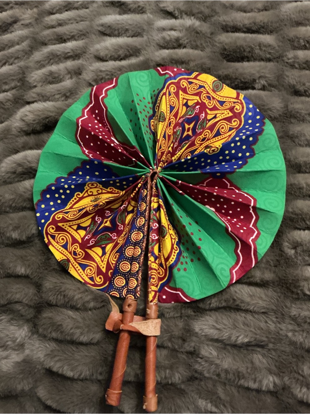 Artisan crafted Hand Fan in Green, Yellow, Blue & Burgundy